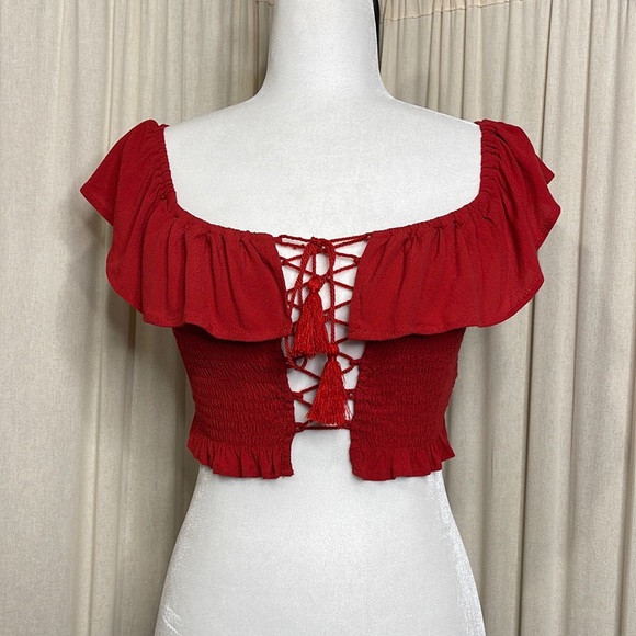 Enfocus Studio Tops - EUC- SUPER SEXY RED OFF THE SHOULDER LACE UP CORSET CROP TOP SIZE MEDIUM